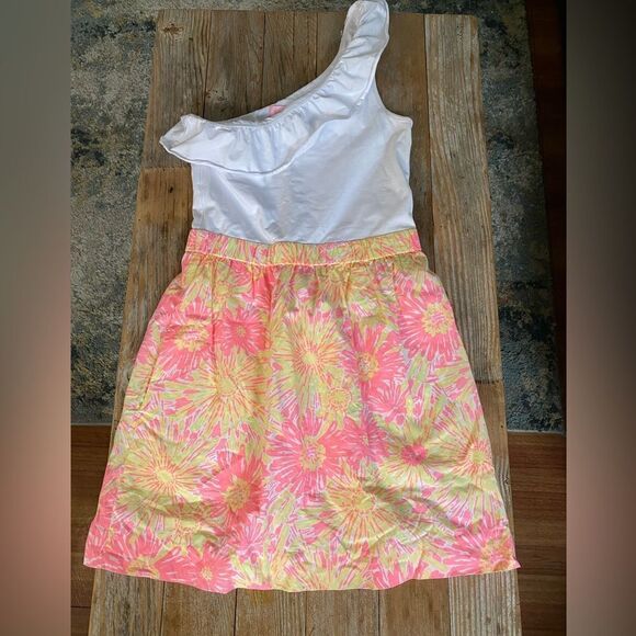 Lilly Pulitzer Mini Dress Size Small One Shoulder Ruffle Floral Pink Orange - Picture 6 of 6